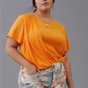 By Anthropologie NWT Bright Orange Draped Tee Shirt Cropped Size Medium